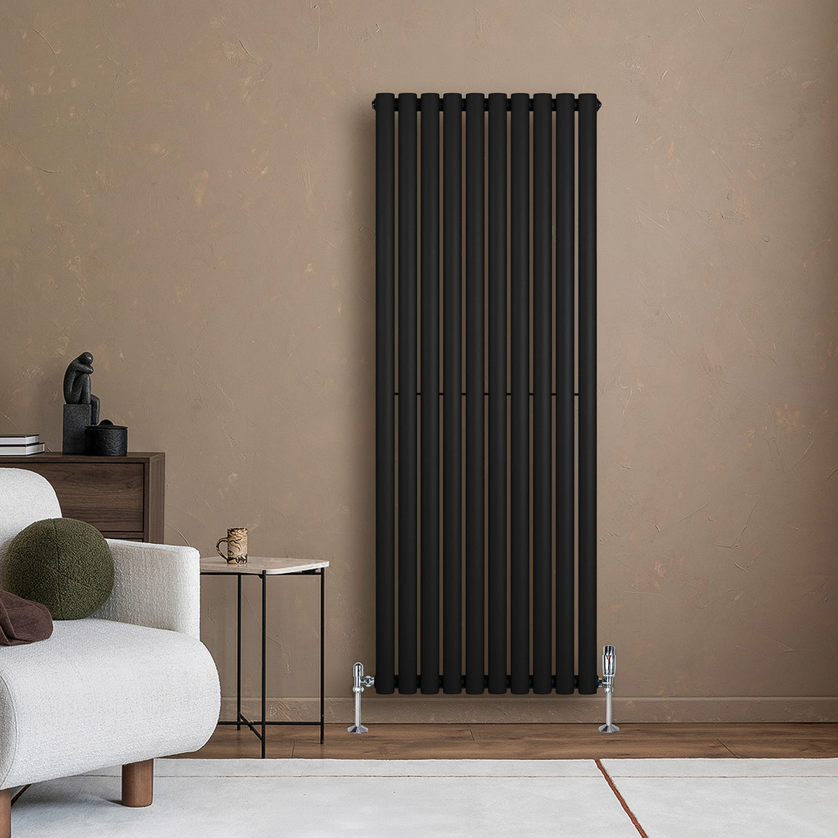 Radiateur à Colonnes Ovales & Vannes, 1 Panneau - 1600 x 600 mm - Noir