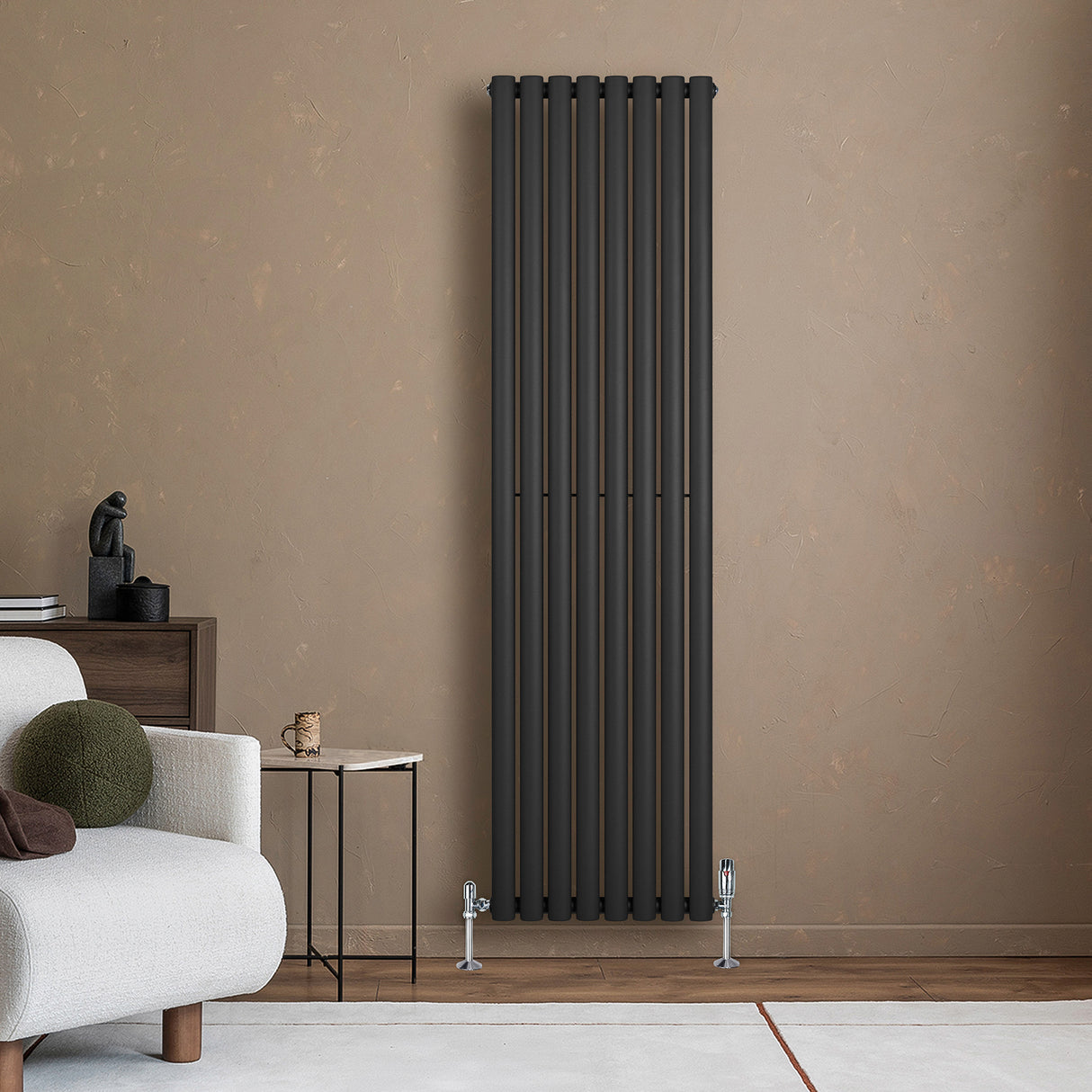Radiateur à Colonnes Ovales & Vannes, 1 Panneau - 1800 x 480 mm - Noir