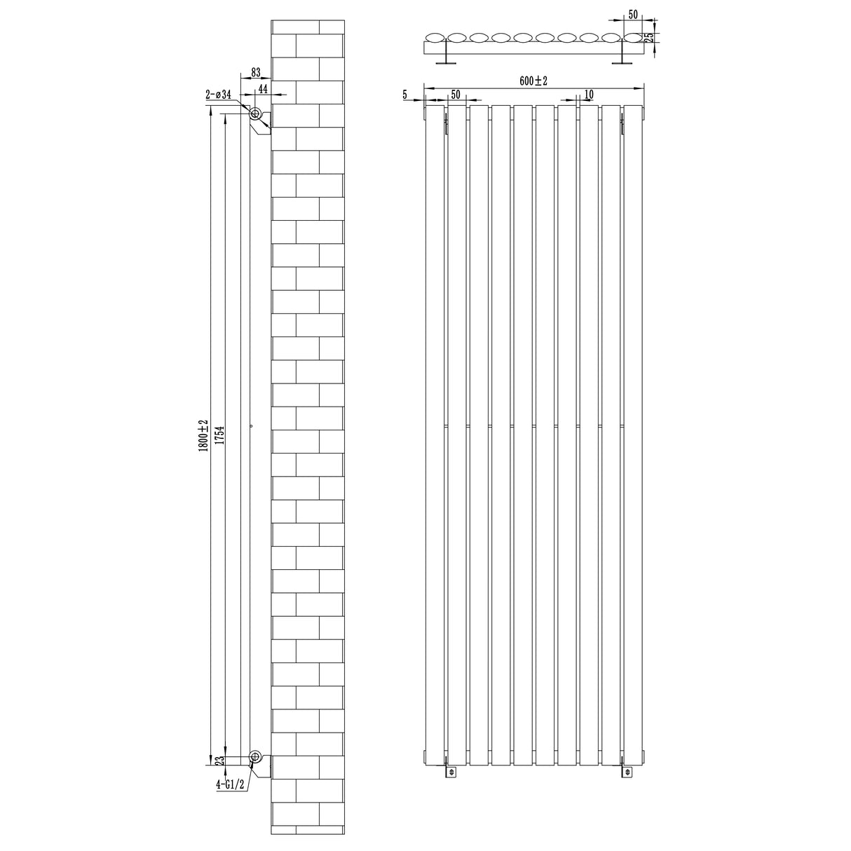 Radiateur à Colonnes Ovales & Vannes, 1 Panneau - 1800 x 600 mm - Blanc