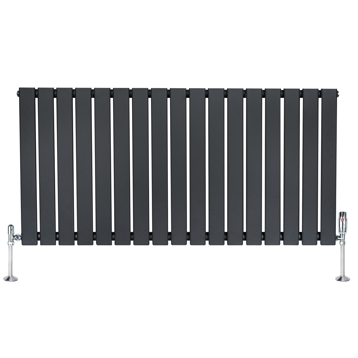Radiateur plat à 1 panneau gris anthracite, 600 x 1190 mm, avec vannes chromées et surface lisse, design moderne et épuré