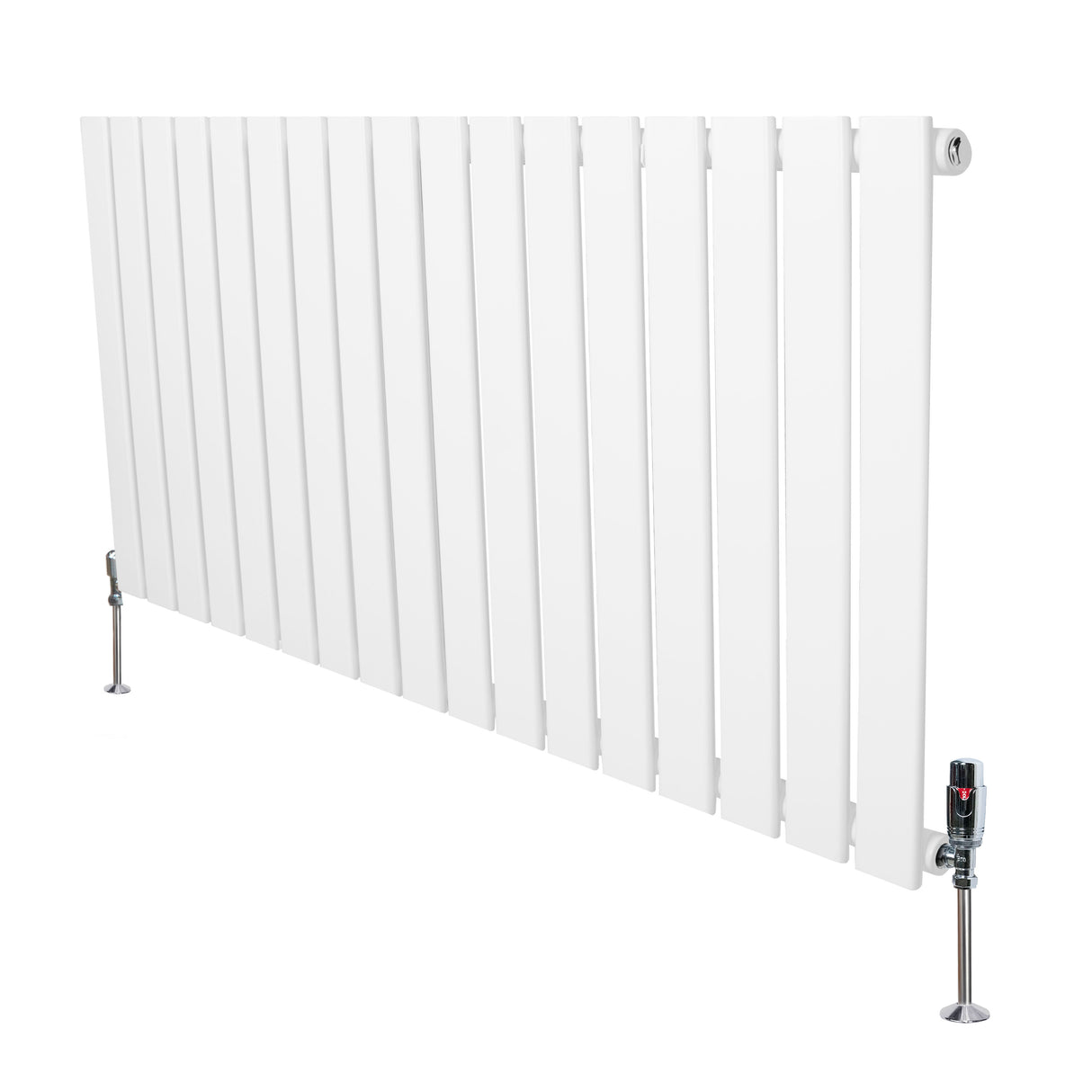 Radiateur plat blanc à 1 panneau, dimensions 600 x 1190 mm, avec vannes élégantes et surface lisse, idéal pour un intérieur moderne