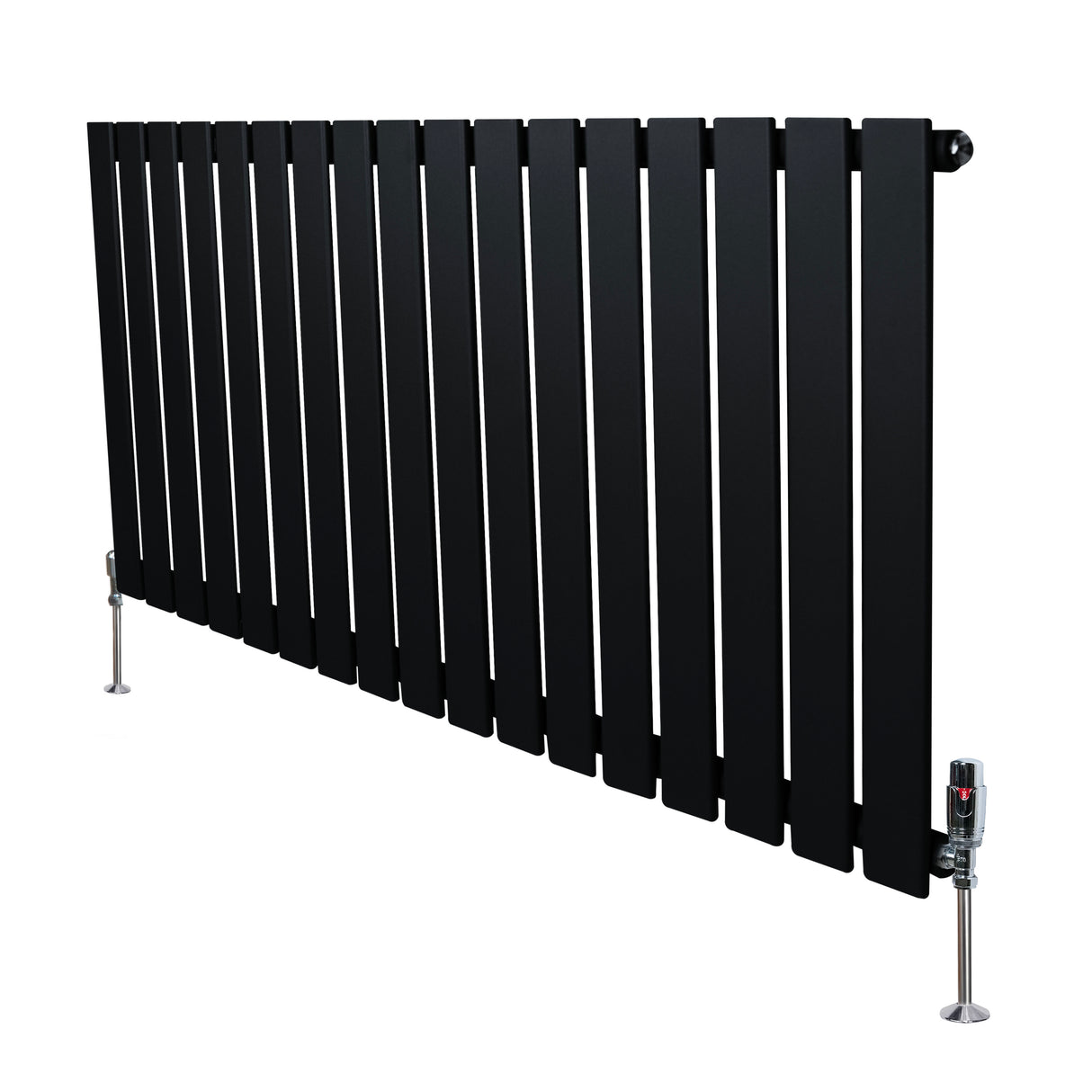 Radiateur plat noir à 1 panneau, dimensions 600 x 1190 mm, avec vannes, design moderne et lignes épurées, finition lisse et mate