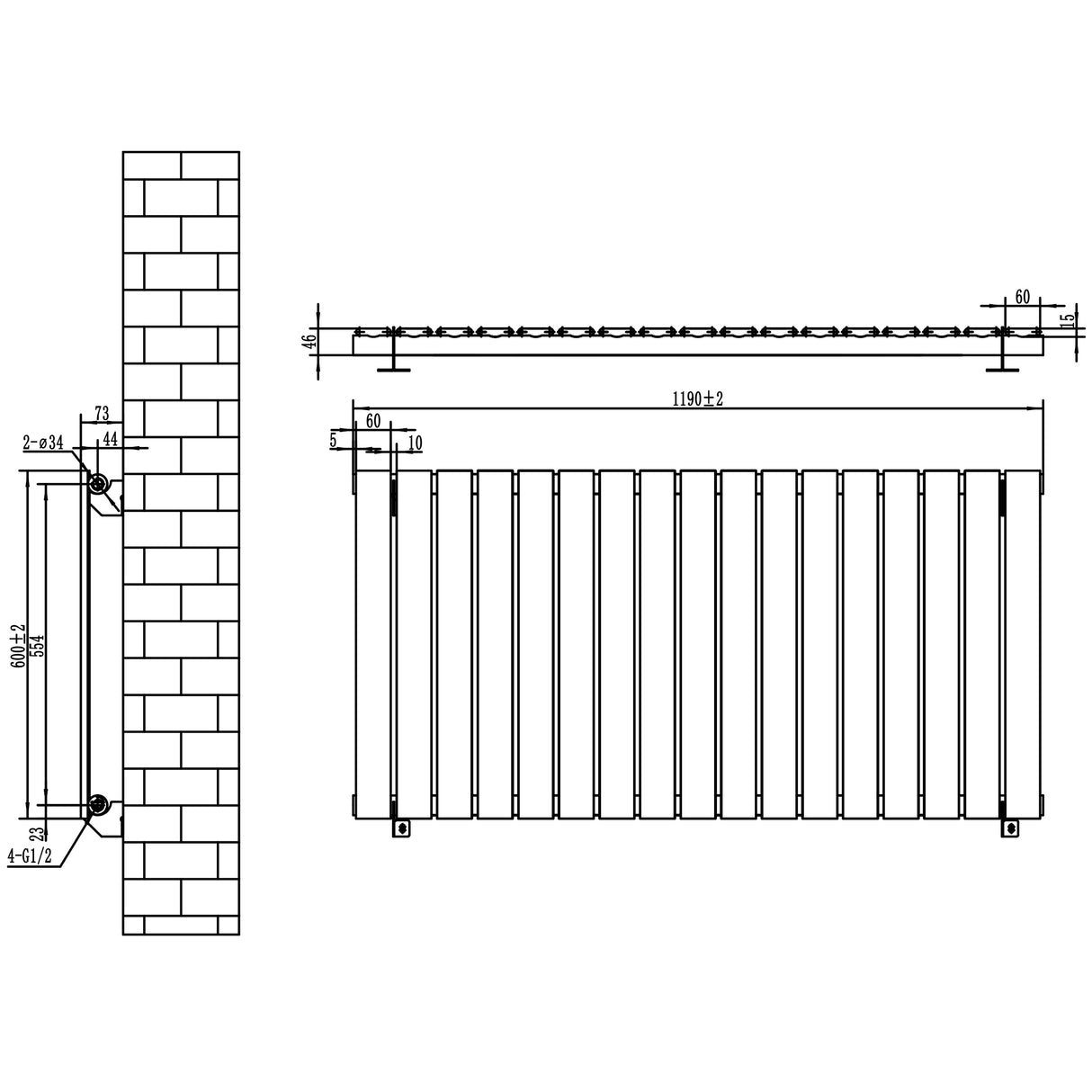 Radiateur plat noir à 1 panneau, dimensions 600 x 1190 mm, avec vannes, design moderne et lignes épurées, idéal pour un intérieur contemporain