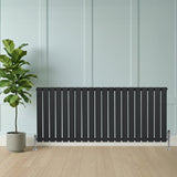 Radiateur plat à 1 panneau gris anthracite, 600 x 1400 mm, installé contre un mur avec un sol en bois et une plante verte à côté