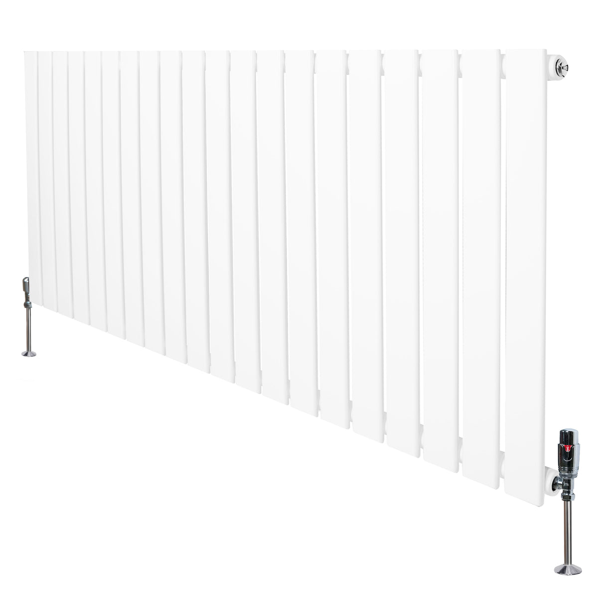 Radiateur plat blanc à un panneau, dimensions 600 x 1400 mm, avec vannes élégantes et surface lisse, idéal pour un intérieur moderne