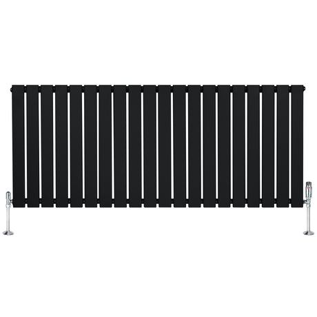 Radiateur plat noir à un panneau, dimensions 600 x 1400 mm, avec vannes élégantes et surface lisse, idéal pour un intérieur moderne