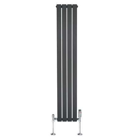 Radiateur plat gris anthracite à 1 panneau, dimensions 1600 x 280 mm, avec vannes élégantes et design moderne, surface lisse et rectangulaire