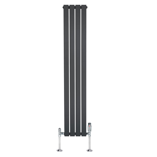 Radiateur plat gris anthracite à 1 panneau, dimensions 1600 x 280 mm, avec vannes élégantes et design moderne, surface lisse et rectangulaire