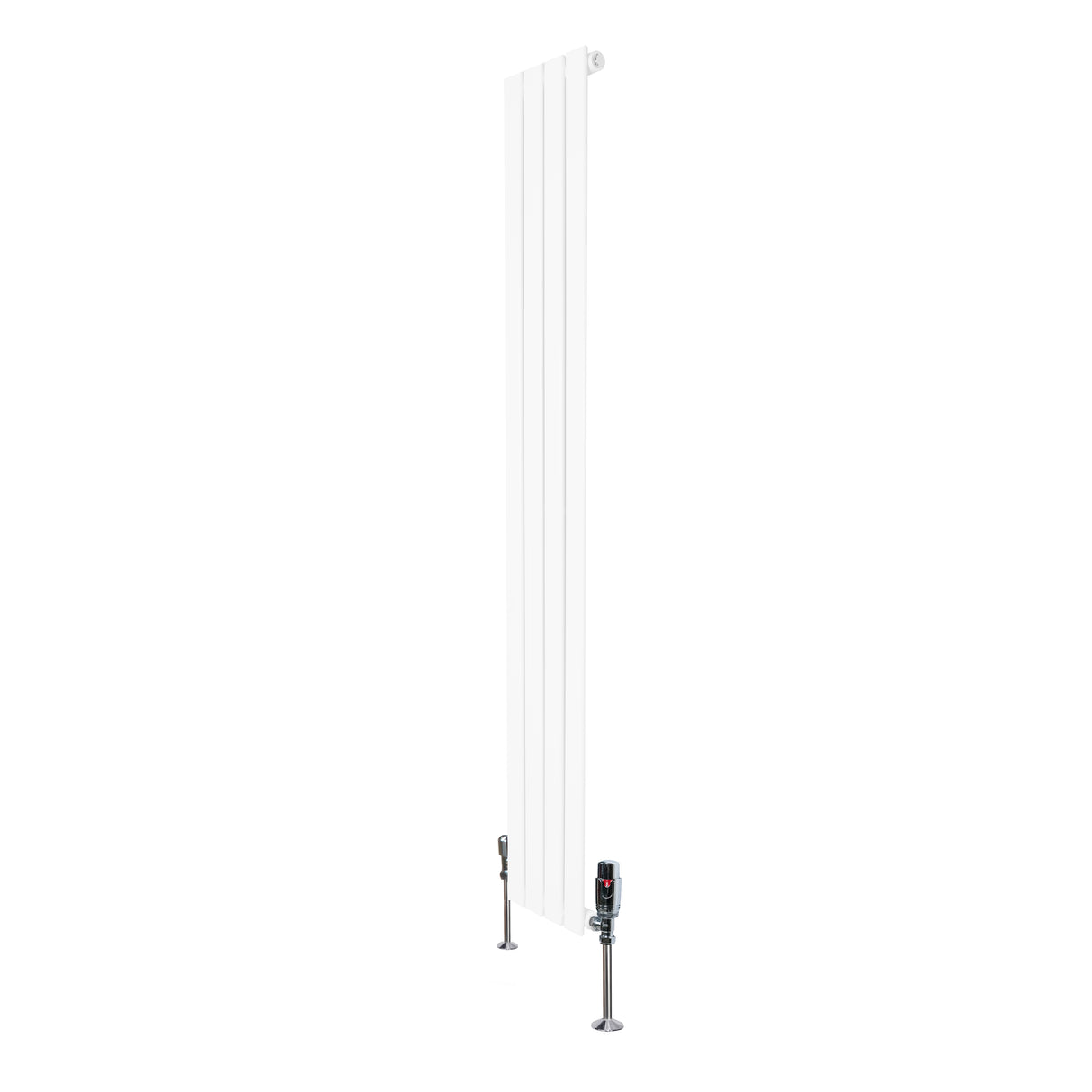 Radiateur plat blanc à un panneau, dimensions 1600 x 280 mm, avec vannes élégantes et finition lisse, idéal pour un intérieur moderne