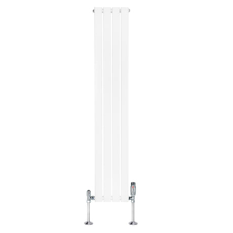 Radiateur plat blanc à un panneau, dimensions 1600 x 280 mm, avec vannes chromées, design moderne et épuré, surface lisse