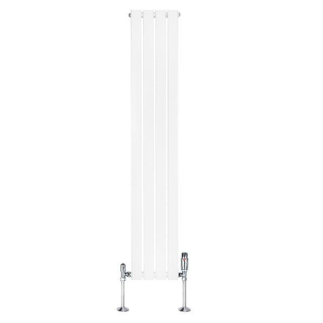 Radiateur plat blanc à un panneau, dimensions 1600 x 280 mm, avec vannes chromées, design moderne et épuré, surface lisse