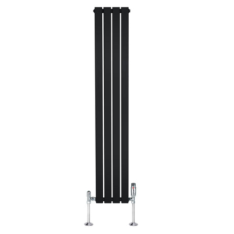 Radiateur plat noir à 1 panneau, dimensions 1600 x 280 mm, avec vannes chromées, design moderne et lignes épurées