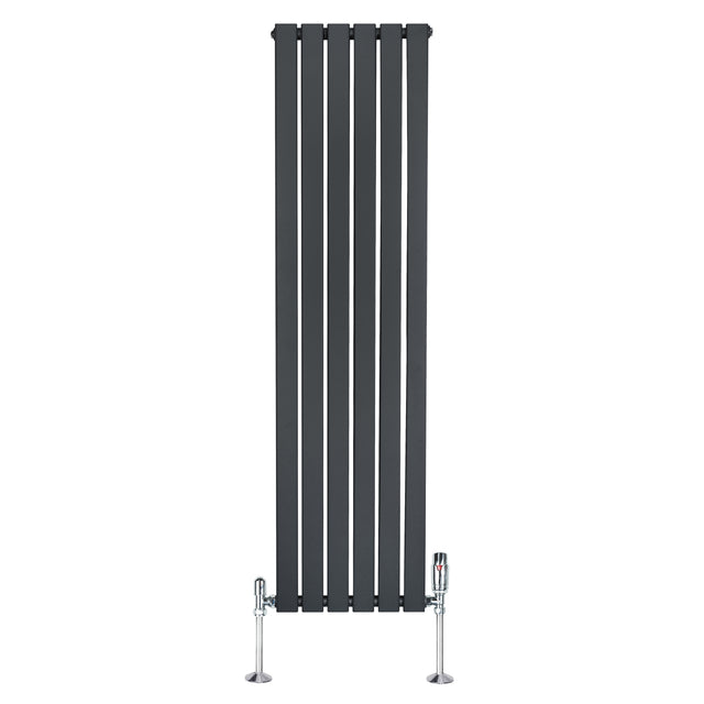 Radiateur plat à un panneau gris anthracite, design vertical avec vannes, dimensions 1600 x 420 mm, finition lisse et moderne