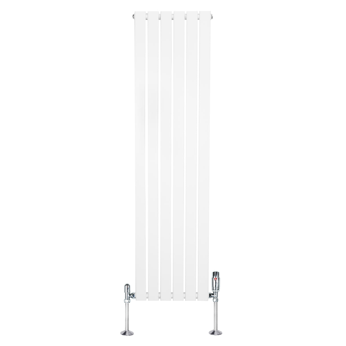 Radiateur plat blanc à 1 panneau, dimensions 1600 x 420 mm, avec vannes chromées et design moderne et épuré