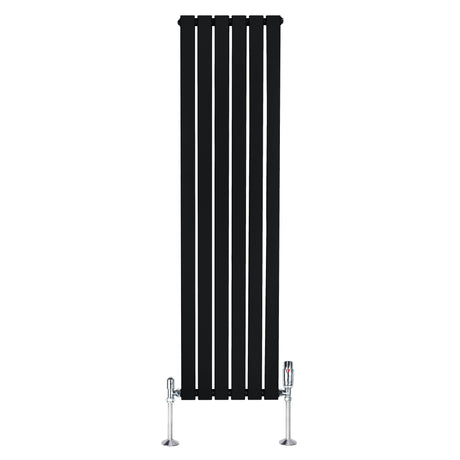 Radiateur plat noir à 1 panneau, dimensions 1600 x 420 mm, avec vannes chromées, design moderne et lignes épurées