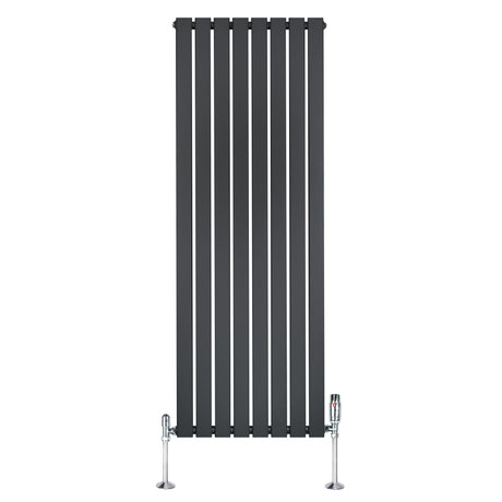 Radiateur plat à 1 panneau en gris anthracite, design vertical avec finitions lisses et vannes chromées, dimensions 1600 x 560 mm