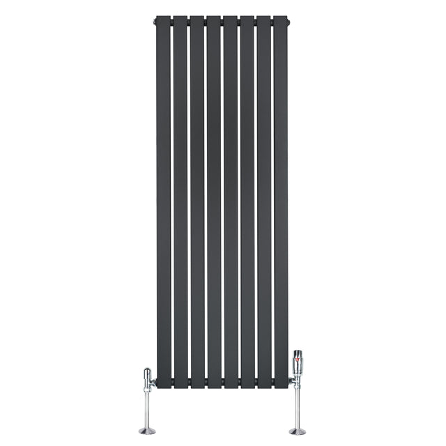 Radiateur plat à 1 panneau en gris anthracite, design vertical avec finitions lisses et vannes chromées, dimensions 1600 x 560 mm