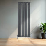 Radiateur plat gris anthracite à 1 panneau, design moderne avec des lignes verticales, installé dans un intérieur lumineux avec une plante verte
