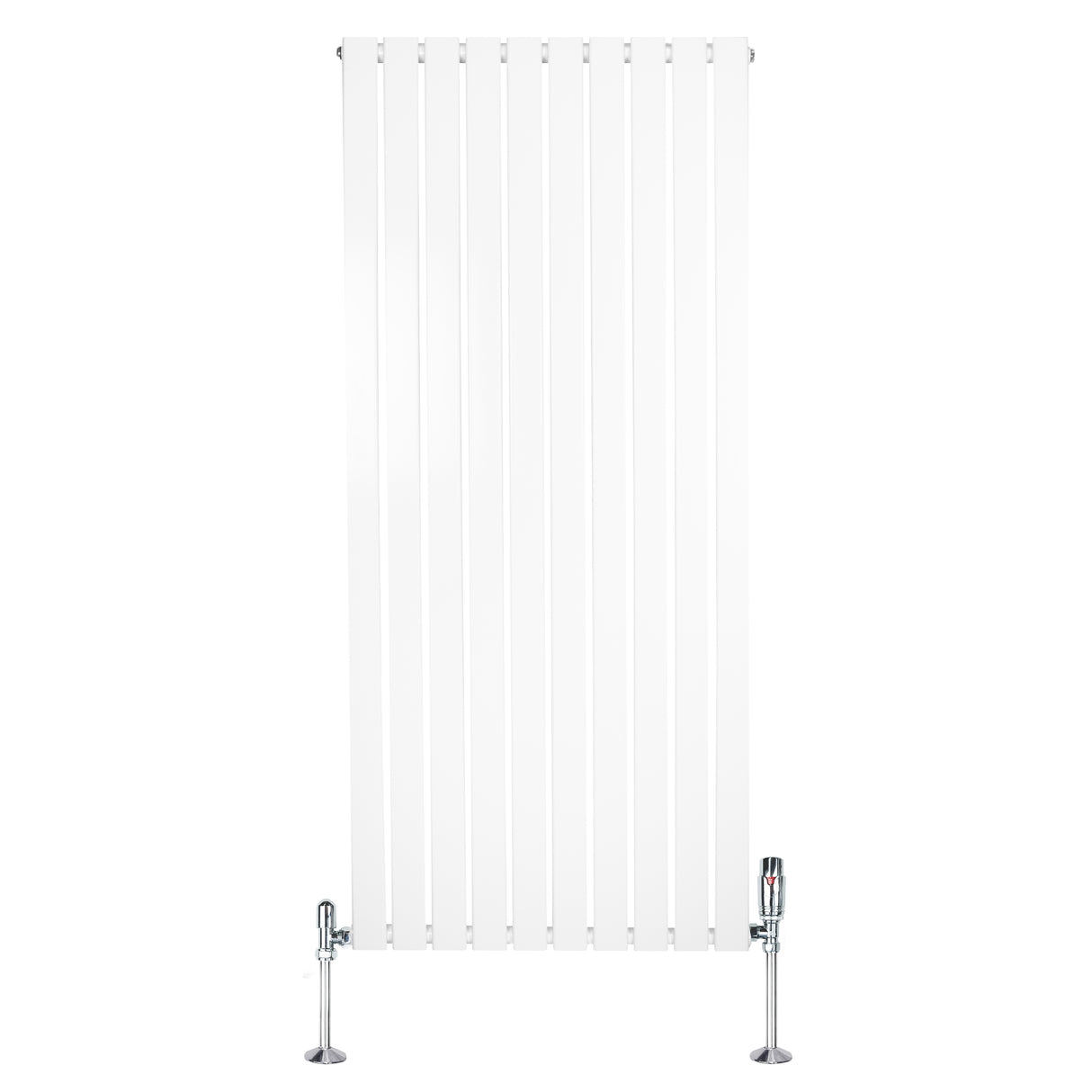 Radiateur plat blanc à un panneau, dimensions 1600 x 700 mm, avec vannes chromées et surface lisse et moderne
