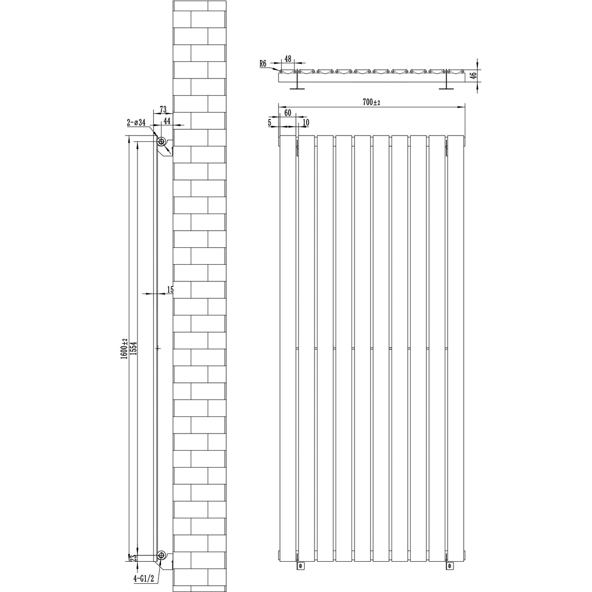 Radiateur plat noir à 1 panneau, dimensions 1600 x 700 mm, avec vannes, design moderne et lignes épurées, idéal pour tout intérieur