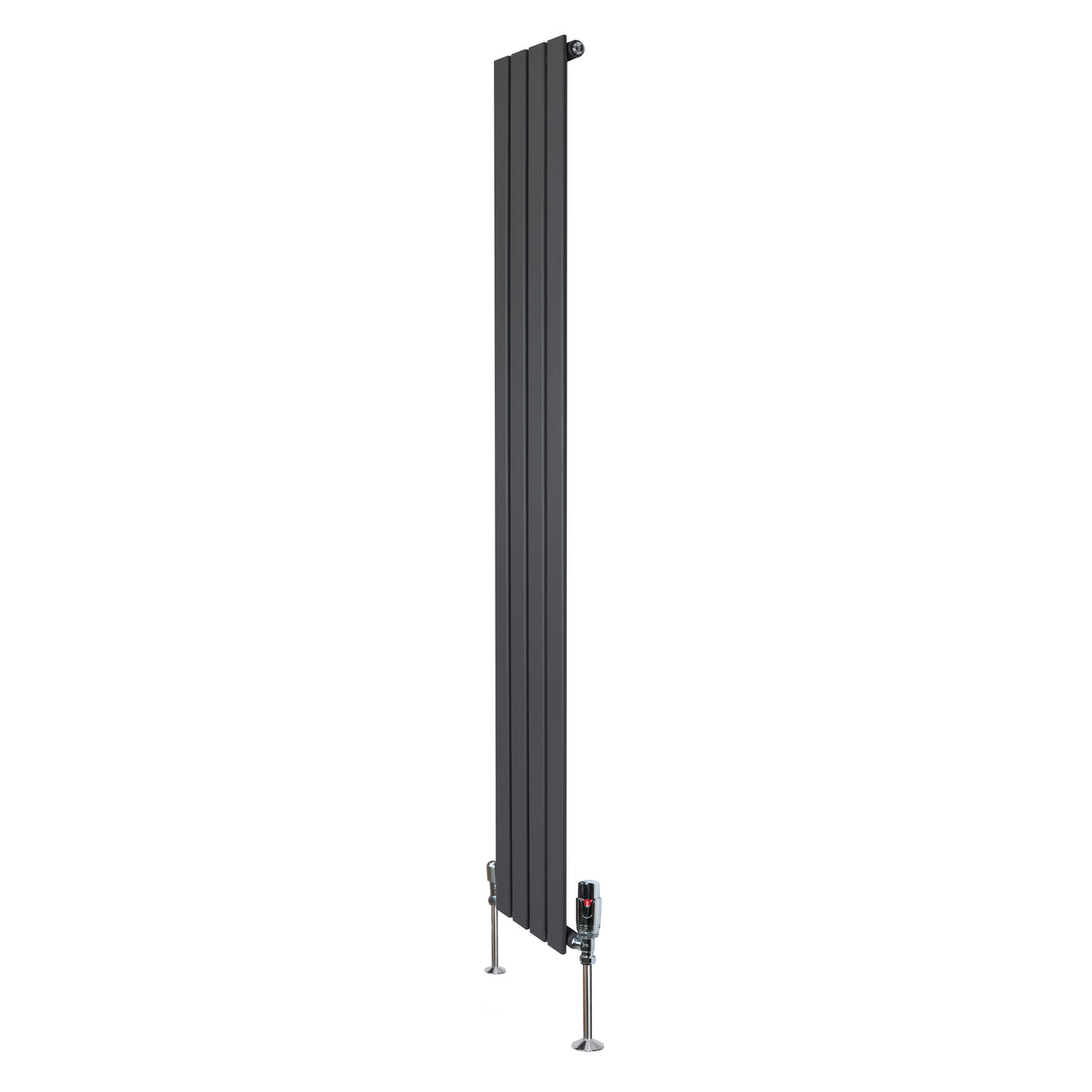 Radiateur plat à un panneau gris anthracite, dimensions 1800 x 280 mm, avec vannes élégantes et finition lisse et moderne