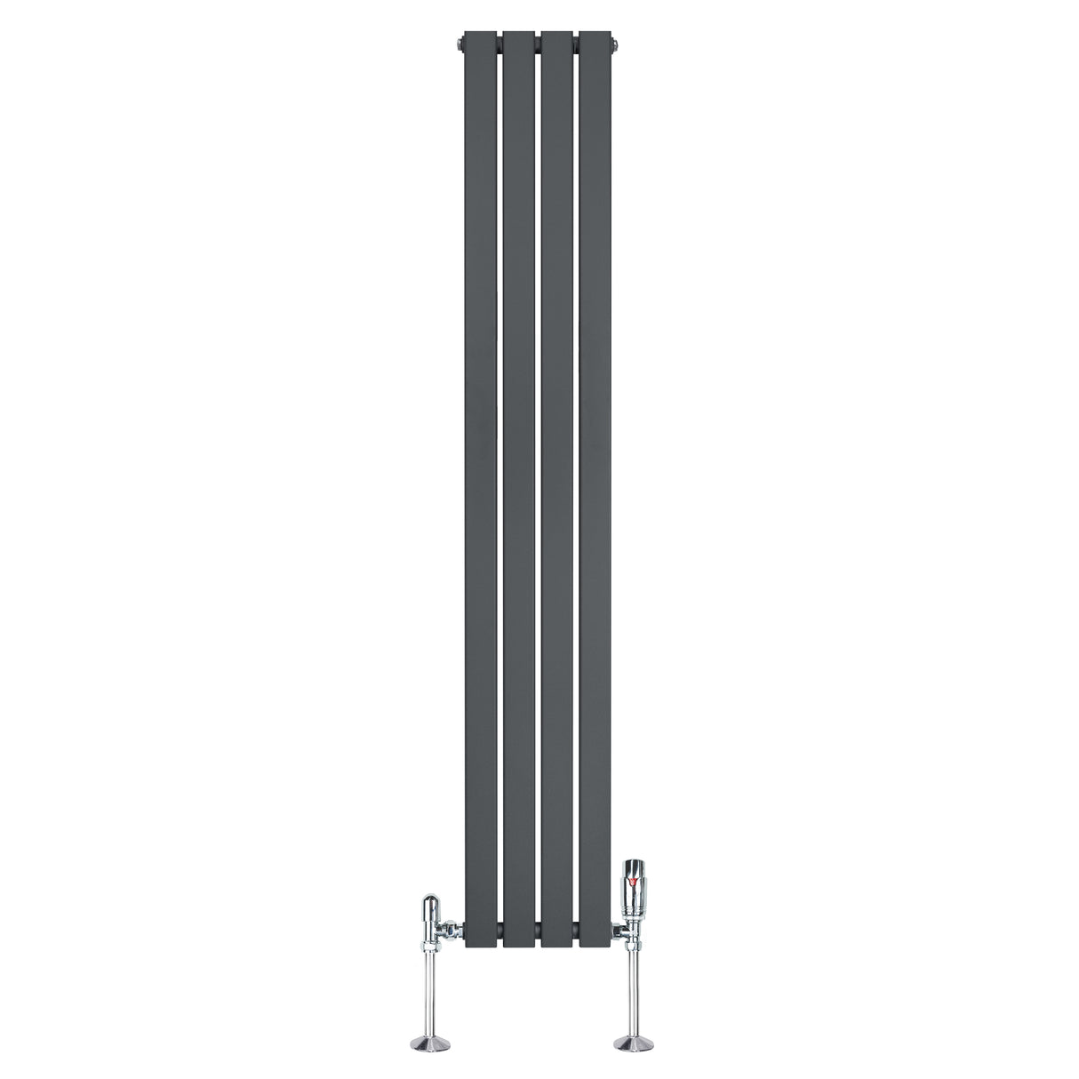 Radiateur plat à un panneau gris anthracite, dimensions 1800 x 280 mm, avec vannes chromées et design moderne et épuré