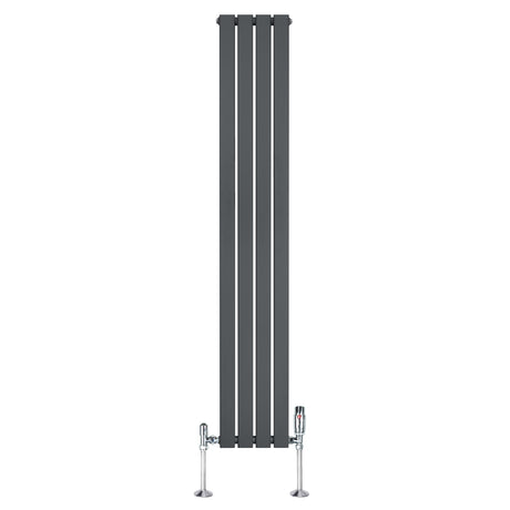 Radiateur plat à un panneau gris anthracite, dimensions 1800 x 280 mm, avec vannes chromées et design moderne et épuré