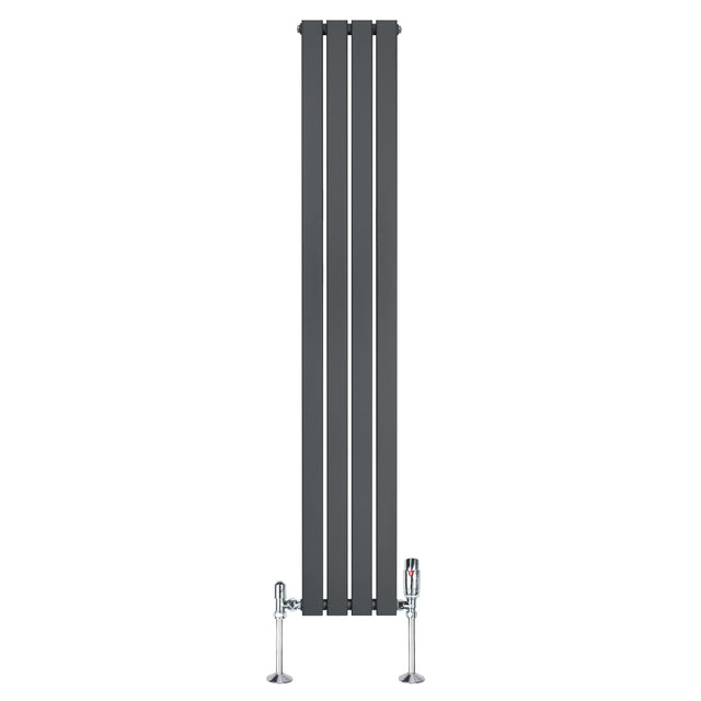 Radiateur plat à un panneau gris anthracite, dimensions 1800 x 280 mm, avec vannes chromées et design moderne et épuré