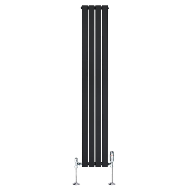Radiateur plat noir à 1 panneau, dimensions 1800 x 280 mm, avec vannes chromées et design moderne à l'aspect lisse et élégant