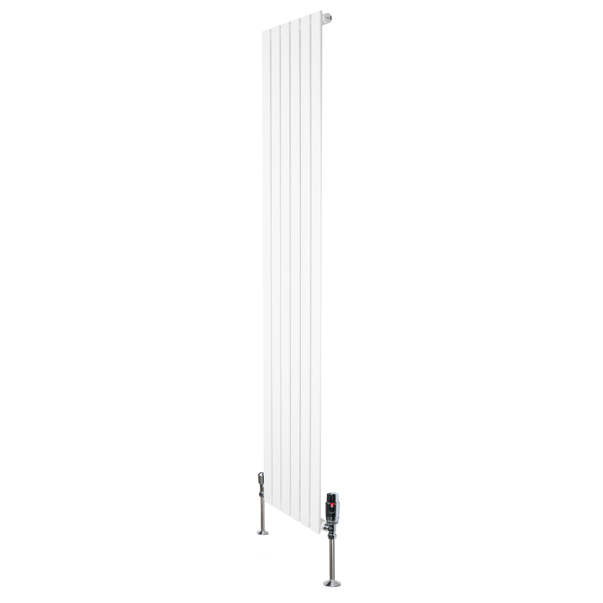 Radiateur plat à un panneau, 1800 x 420 mm, finition blanche lisse, avec vannes en métal chromé, design moderne et épuré