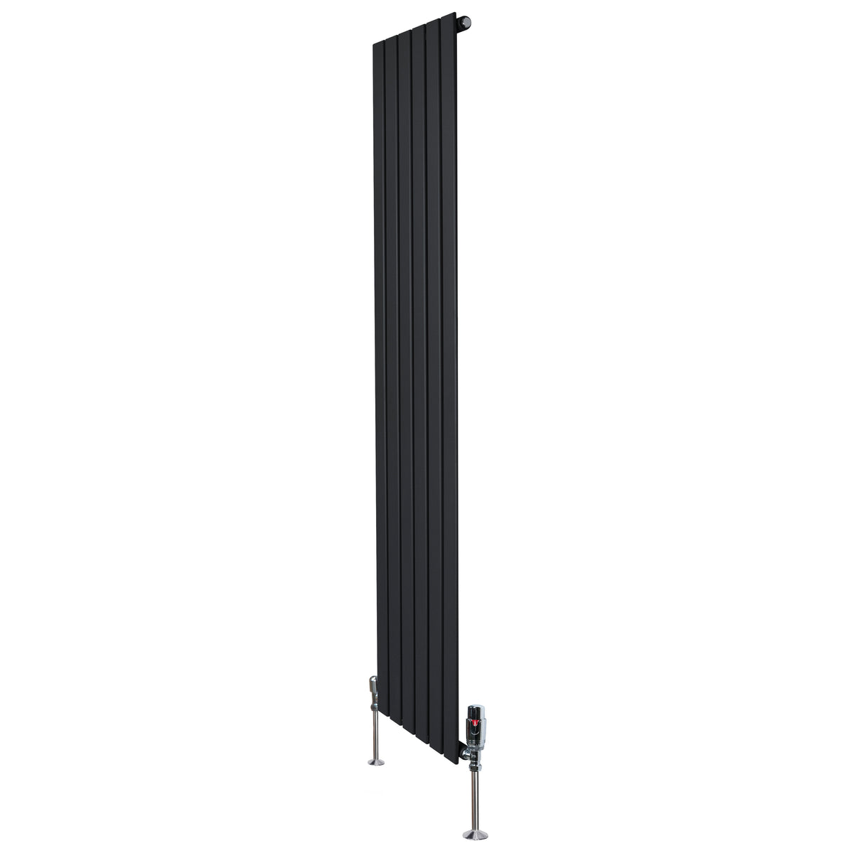 Radiateur plat noir à un panneau, dimensions 1800 x 420 mm, avec vannes élégantes et finition lisse, idéal pour un intérieur moderne