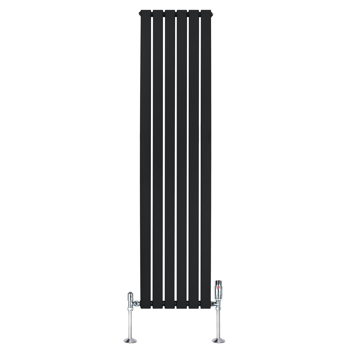 Radiateur plat noir à 1 panneau, dimensions 1800 x 420 mm, avec vannes chromées, design moderne et lignes épurées