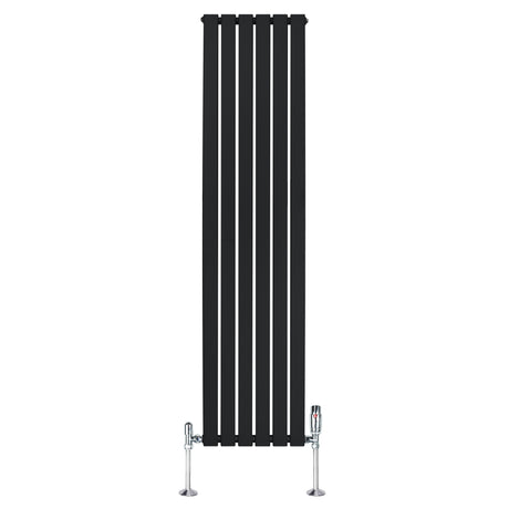Radiateur plat noir à 1 panneau, dimensions 1800 x 420 mm, avec vannes chromées, design moderne et lignes épurées