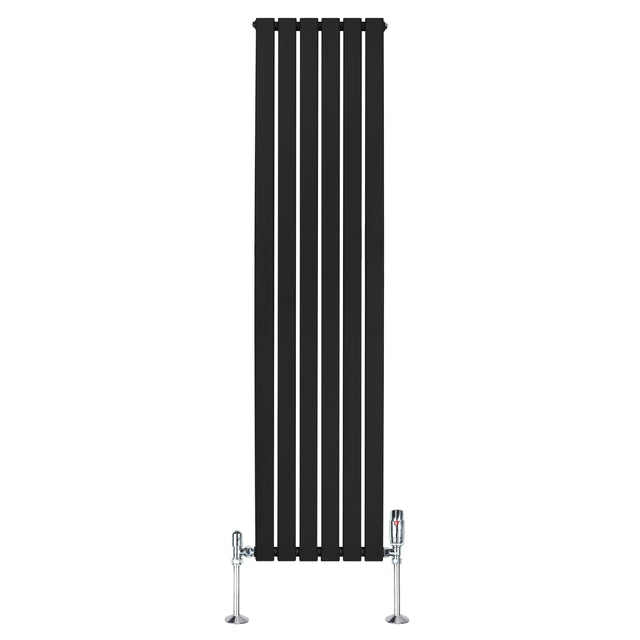 Radiateur plat noir à 1 panneau, dimensions 1800 x 420 mm, avec vannes chromées, design moderne et lignes épurées