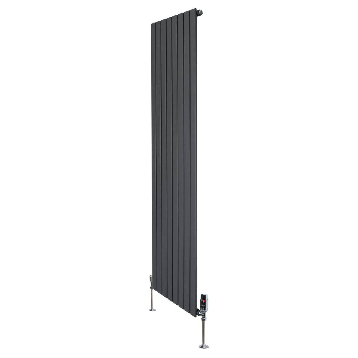 Radiateur plat gris anthracite à un panneau, dimensions 1800 x 560 mm, avec vannes élégantes et surface lisse et moderne
