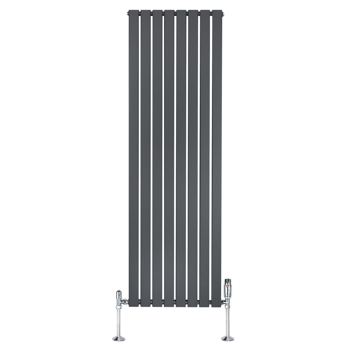 Radiateur plat à 1 panneau gris anthracite, dimensions 1800 x 560 mm, avec vannes chromées et design moderne et épuré