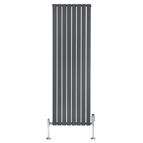 Radiateur plat à 1 panneau gris anthracite, dimensions 1800 x 560 mm, avec vannes chromées et design moderne et épuré