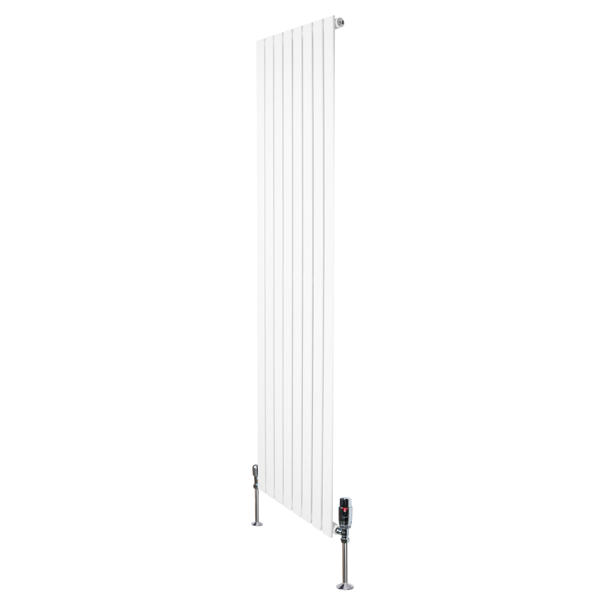 Radiateur plat blanc à un panneau, dimensions 1800 x 560 mm, avec vannes modernes et finition lisse, idéal pour un intérieur contemporain