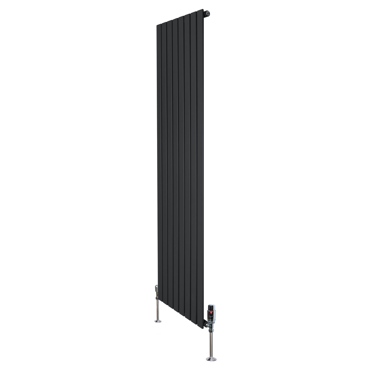 Radiateur plat noir à 1 panneau, dimensions 1800 x 560 mm, avec vannes élégantes et finition lisse, idéal pour un intérieur moderne