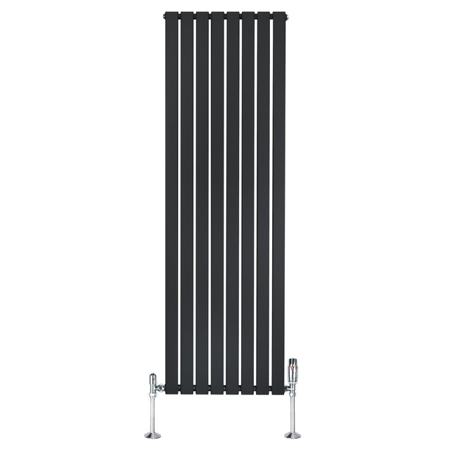 Radiateur plat noir à 1 panneau, dimensions 1800 x 560 mm, avec vannes modernes et finition lisse, idéal pour un intérieur élégant