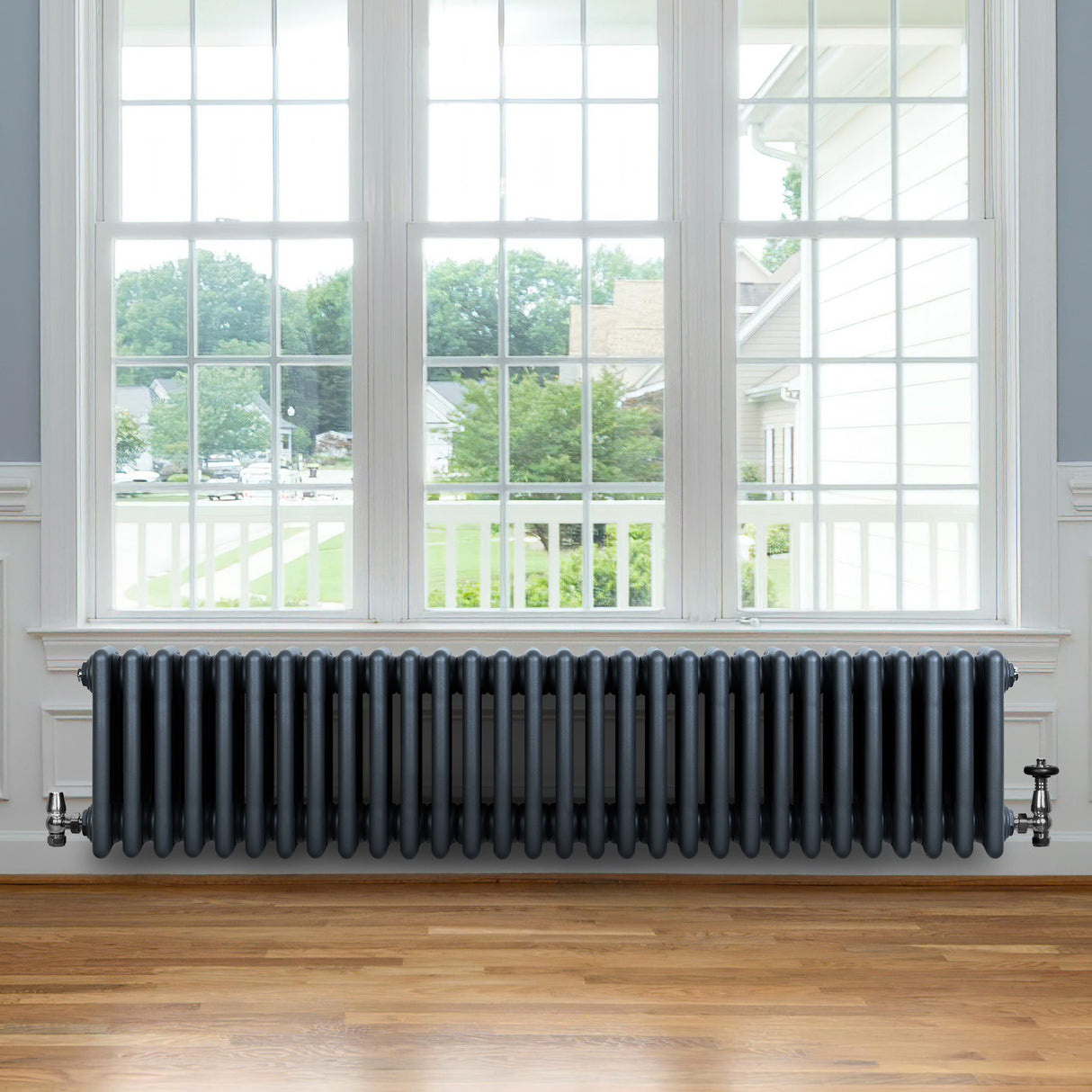Radiateur Traditionnel à 4 Colonnes & Vannes - 300 x 1370 mm - Gris Anthracite