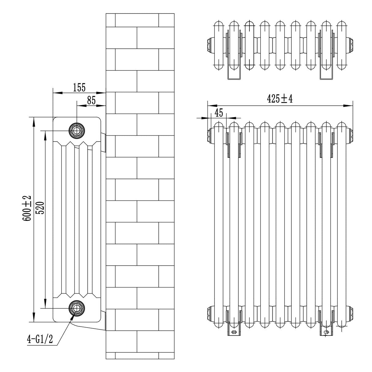 Radiateur Traditionnel à 4 Colonnes & Vannes - 600 x 425 mm - Blanc