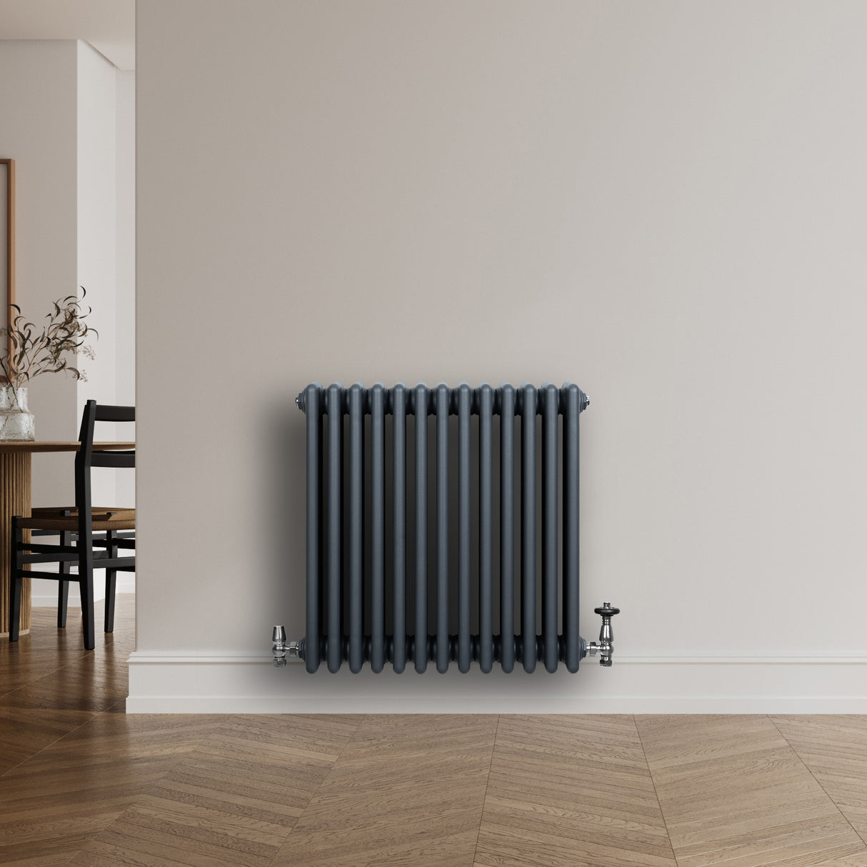 Radiateur Traditionnel à 4 Colonnes & Vannes - 600 x 605 mm - Gris Anthracite
