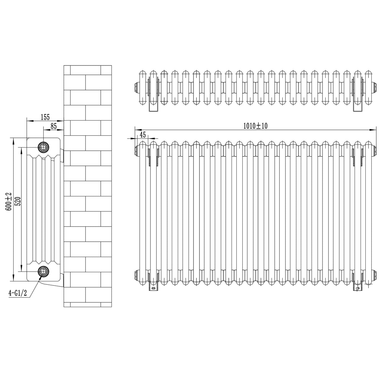 Radiateur Traditionnel à 4 Colonnes & Vannes - 600 x 1010 mm - Gris Anthracite