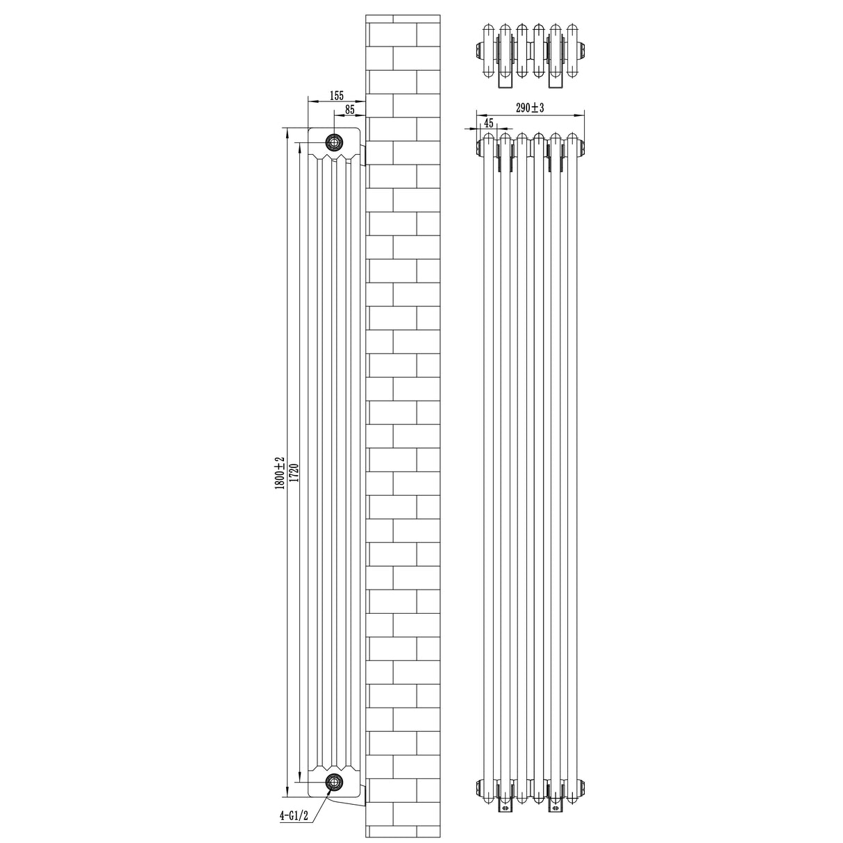 Radiateur Traditionnel à 4 Colonnes & Vannes - 1800 x 290 mm - Gris Anthracite