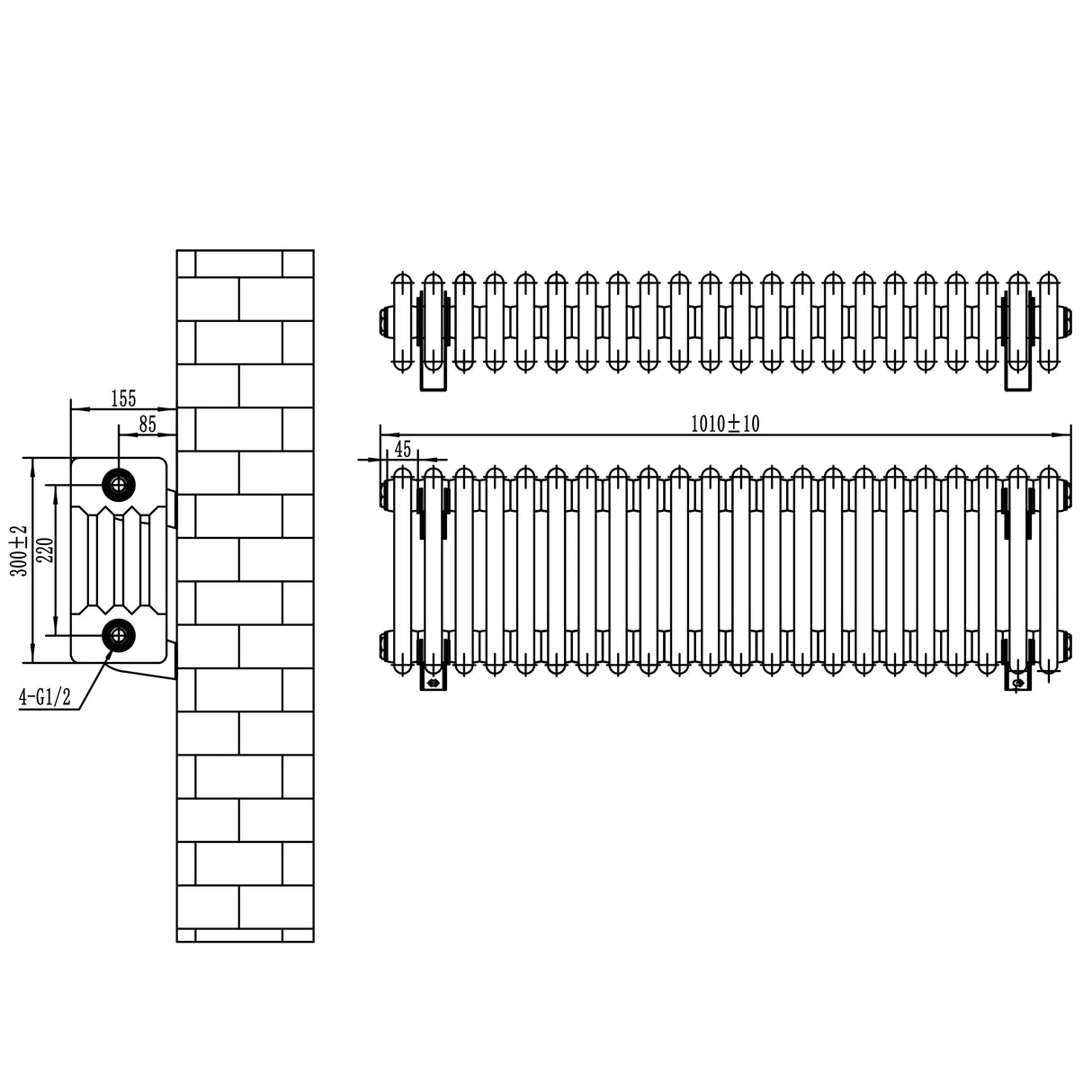 Radiateur traditionnel à 4 colonnes, dimensions 300 x 1010 mm, finition blanche, design élégant et lignes épurées, idéal pour le chauffage intérieur