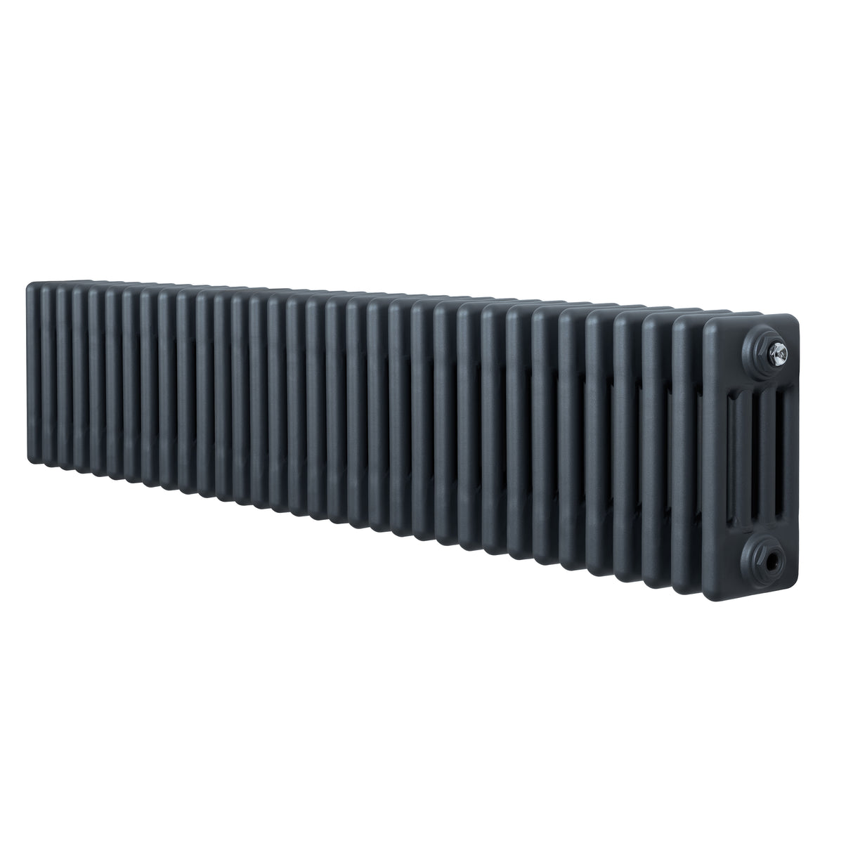 Radiateur traditionnel à 4 colonnes en gris anthracite, long et étroit, avec une texture lisse et des finitions soignées
