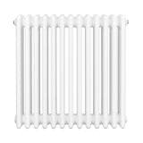 Radiateur traditionnel à 4 colonnes, dimensions 600 x 605 mm, finition blanche lisse et brillante, design élégant et classique
