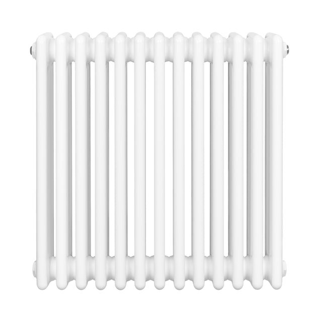 Radiateur traditionnel à 4 colonnes, dimensions 600 x 605 mm, finition blanche lisse et brillante, design élégant et classique