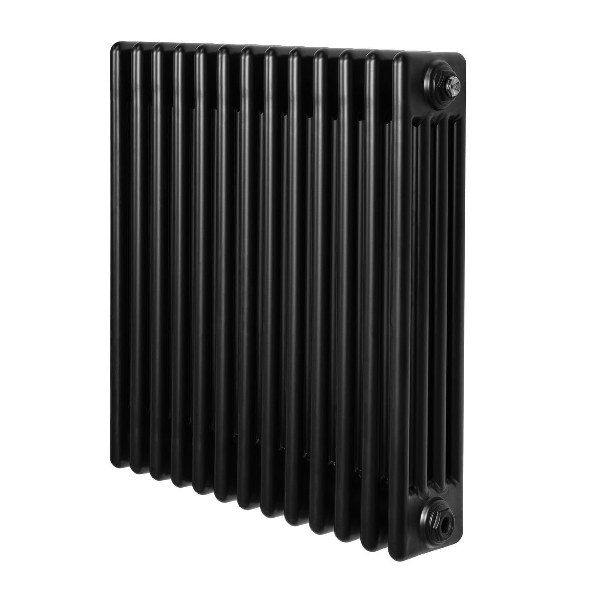 Radiateur traditionnel noir à 4 colonnes, 600 x 605 mm, avec une finition lisse et des lignes verticales élégantes pour un style classique